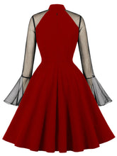 Load image into Gallery viewer, Wine Red Stand Collar Semi-Sheer Trumpet Sleeve 1950S Vintage Dress