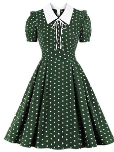 1950s Dark Green Polka Dots Puff Sleeve Vintage Dress