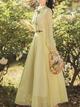 Load image into Gallery viewer, Yellow Flower Embroidered Puff Long Sleeve Edwardian Revival Dress