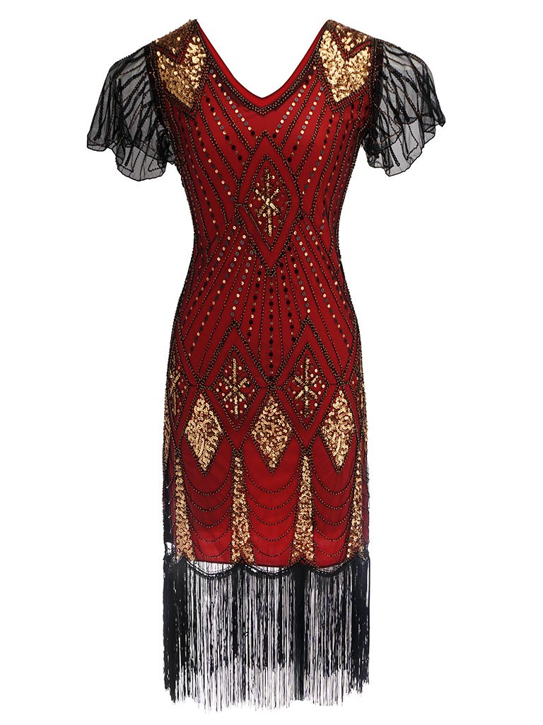 1920s Vintage Retro Sequin Gatsby Roaring 20s Flapper Cocktail Long Dress - Gold Red 2XL 1920s Vintage Retro Sequin Gatsby Roaring 20s Flapper Cocktail Long Dress - Gold Red 2XL