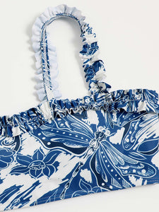 Blue Floral Print Retro Style Strap Bikini Two Piece With Bathing Suit Swing Skirt