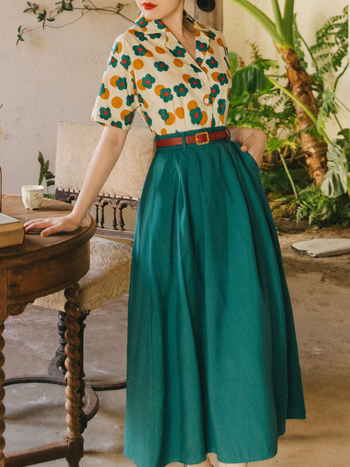 Flowers Print Shirt And Swing Skirt Dress Set