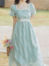 Load image into Gallery viewer, Green Square Collar Puff Sleeve Summer 1950S Flower Vintage Dress