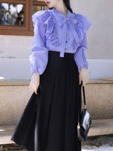 Load image into Gallery viewer, 2PS Lilac Ruffle Long Sleeve Blouse And Black Swing Skirt Dresss Set