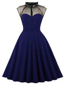 Purple Stand Ruffles Collar Semi-Sheer Sleeveless 1950S Vintage Dress