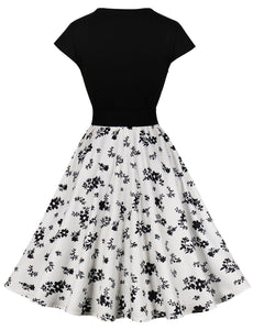 1950S V Neck Black Floral Print Vintage Dress