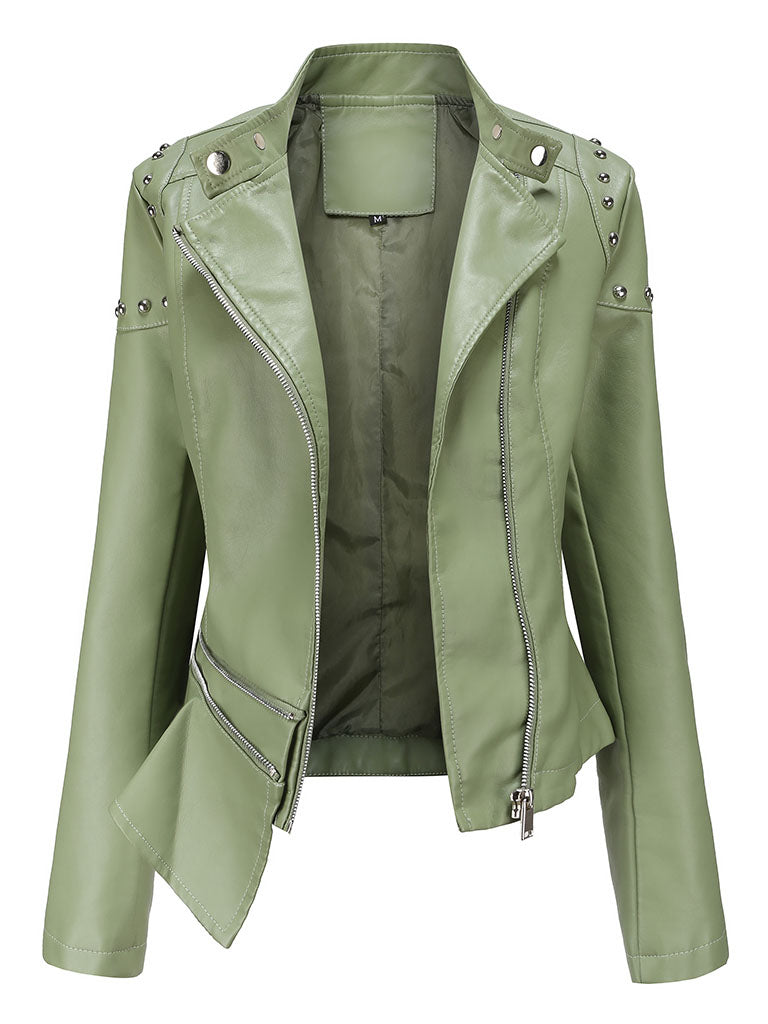Rivet Long Sleeve PU Leather Motorcycle Jacket With Irregular Hem