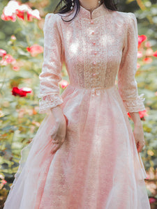 Pink Embroidered Puff Long Sleeve Edwardian Revival Dress