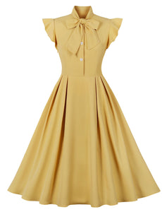 Yellow Ruffles Butterfly Sleeve 1950S Vintage Dress