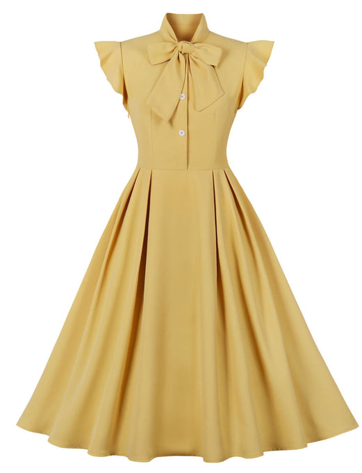 Yellow Ruffles Butterfly Sleeve 1950S Vintage Dress