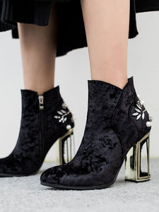 9CM Luxury Pearls And Diamonds Flowers Chunky High Heel Bootie Vintage Shoes
