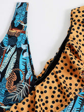 Load image into Gallery viewer, Blue Leopard Print V Neck One Piece With Bathing Suit Wrap Skirt
