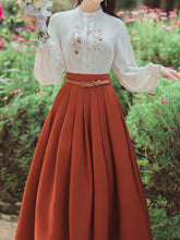 Load image into Gallery viewer, 2PS 1950S White Cat Embroidered Long Sleeve Shirt And Orange Swing Skirt Suit