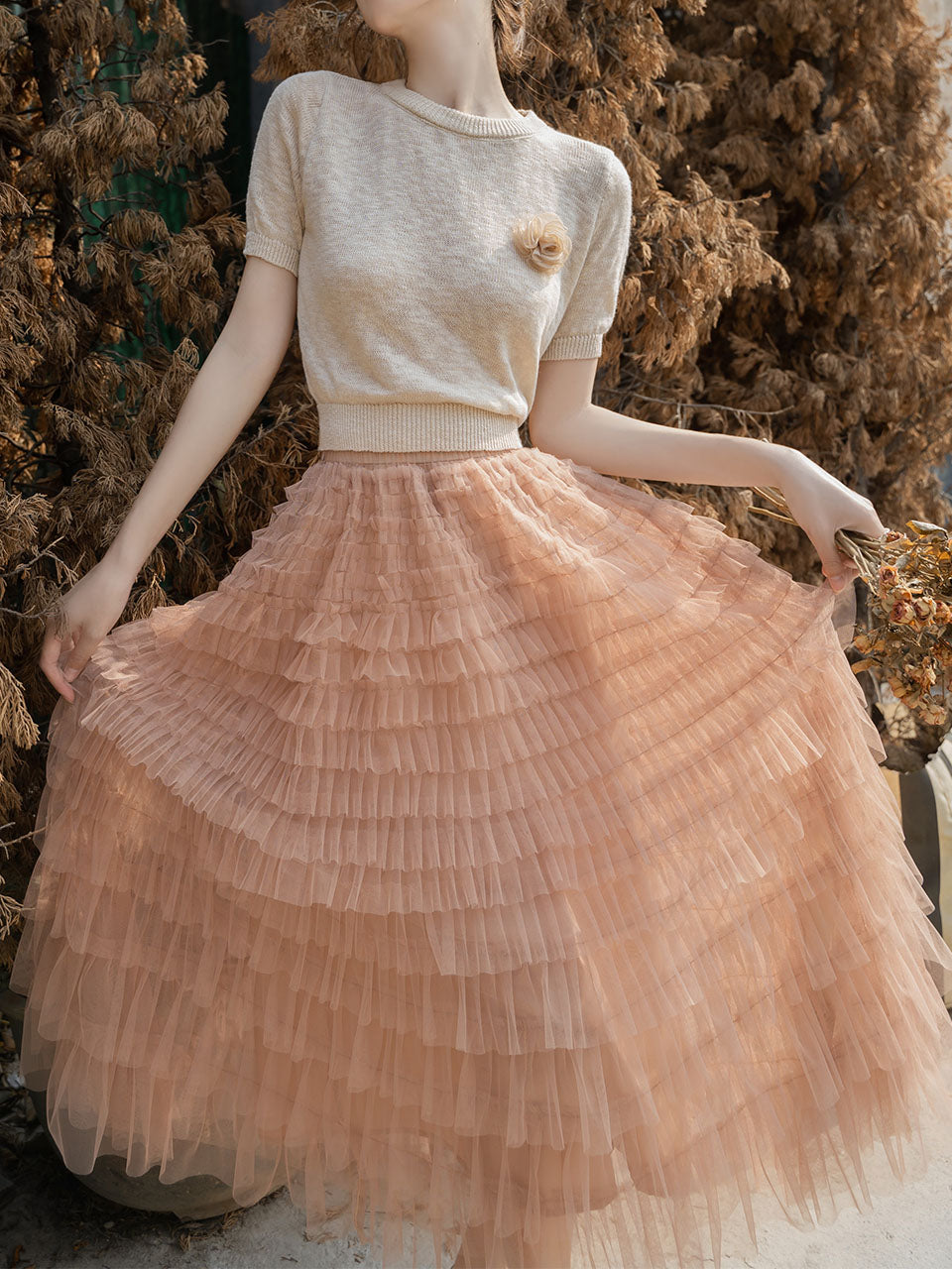 2PS Brown Backless Knitted Sweater And Swing Mesh Fairy Skirt Dress Set, Apricot / M 2PS Brown Backless Knitted Sweater And Swing Mesh Fairy Skirt Dress Set, Apricot / M