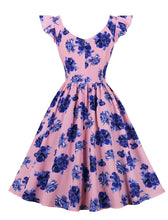 Load image into Gallery viewer, Pink V Neck Floral Print Ruffles Butterfly Sleeve 1950S Vintage Dress