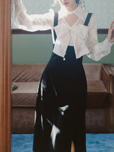 Load image into Gallery viewer, White Big Bowknot Flower Flocking Top With Black Strap Dress Set