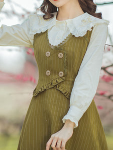 White Embroidered Doll Lapel And Mustard Green Vest Corset Suspender Dress Suit