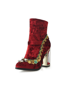 10CM Luxury Velvet Chunky High Heel Bootie Vintage Shoes