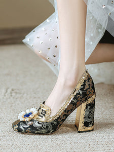 10CM Luxury Pearls And Diamonds Chunky Heels Retro Shoes