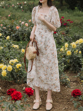 Load image into Gallery viewer, Floral Embroidered Lace Puffed Sleeve Chiffion Vintage Dress With Belt