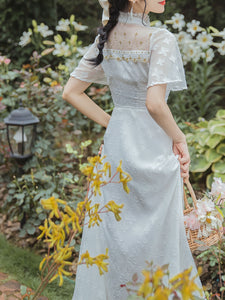 White Shawl Faux Two-Piece Lace Embroidered Vintage Dress