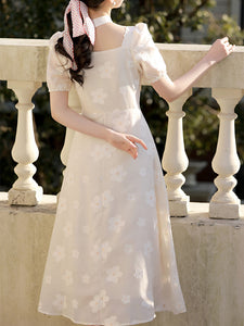 White Daisy Pearl Puff Sleeves 50S Vintage Dress