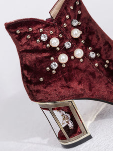 7CM Luxury Pearls And Diamonds Chunky High Heel Bootie Vintage Shoes