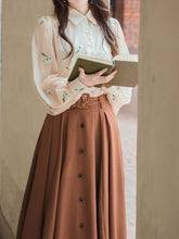 Load image into Gallery viewer, 2PS 1950S White Flower Embroidered Long Sleeve Shirt And Brown Swing Skirt Suit