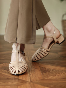 Women's Flats Sandals Pointed Toe Hollow Belt Leather Vintage Shoes