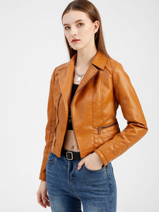 Crop Coat Long Sleeve PU Leather Motorcycle Jacket For Women
