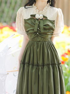 White Puff Sleeve With Green Cute Dress Vintage Princess Dress