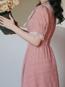 Pink Lace Collar Puff Sleeve Vintage 1950S Dress