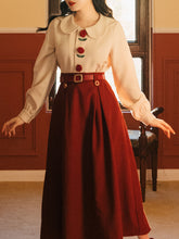 Load image into Gallery viewer, 2PS Rose Embroidered Peter Pan Blouse And Red Swing Skirt Dresss Set