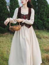 Load image into Gallery viewer, 2PS White Long Sleeve Ruffles Cottagecore Dress With Brown Embroidered Vest Suits