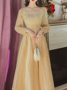 Yellow Square Neck Lace Butt Waist Ruffle 1950S Dress