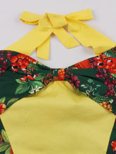Load image into Gallery viewer, Yellow Floral Print Off the Shoulder High Waist Halter 1950 Dress