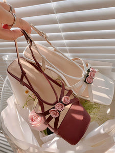 Women's Low Heel Sandals Square Toe Rose Leather Vintage Shoes