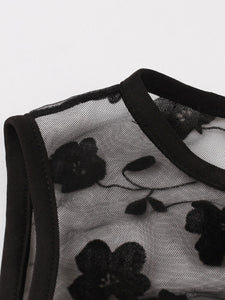 Black Lace Flower Semi-sheer Short Sleeve Dress