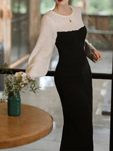 Load image into Gallery viewer, Black and White Split Long Sleeve Retro Knit Sweater Dress