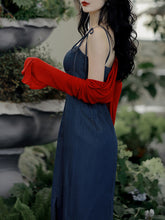 Load image into Gallery viewer, 2PS Denim Spaghetti Strap 1950S Vintage Dress With Red Long Sleeve Coat