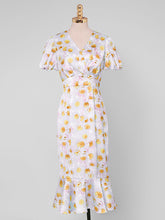 Load image into Gallery viewer, Orange V Neck Puff Sleeve Princess Mermaid 1960S Dress