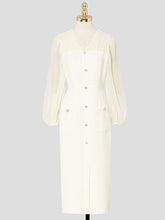 Load image into Gallery viewer, Light Pink Solid Color Puff Long Sleeve V-Neck Pearl 1940S Dress