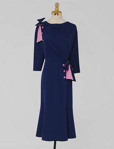 Navy Bowknot Collar Half Sleeve 1940S Bodycon Vintage Dress