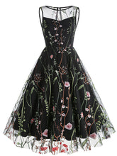 Load image into Gallery viewer, Wine Red Semi Mesh Flower Embroidered Sleeveless 50S Swing Dress