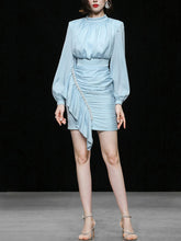 Load image into Gallery viewer, Blue Lantern Long Sleeve Crinkled Bodycon Satin Party Dress