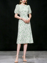 Load image into Gallery viewer, Green Grass Print Puff Sleeve 1950s Vintage Party Dress