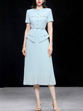 Load image into Gallery viewer, Retro Blue Short Sleeve New Look Style Pleated Fake Two Piece Suit Dress
