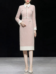Pastel Pink Lapel Long Sleeve Tweed 1960S Dress
