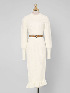 Sweet Apricot Crew Collar Long Sleeve Knitted Sweater Dress With Ruffles Hem