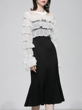 Load image into Gallery viewer, 2PS Crew Neck Long Sleeve White Lace Lotus Leaf Top And Black Fishtail Skirt Suit